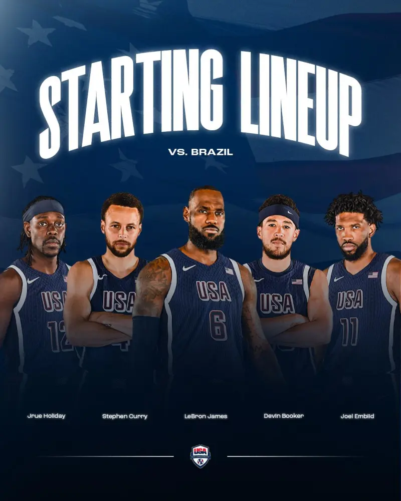 美国队首发阵容:库里、霍乐迪、布克、詹姆斯、恩比德